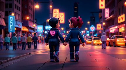 A woman and a man walk hand in hand in a beautifully lit city at night.