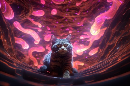 Feline Exploration: Navigating a Neon Interdimensional Realm
