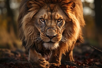 A close-up shot of a Lion striking face, its focused eyes, documentary photo. Generative AI.