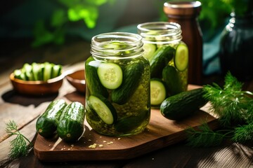 Jarred Delights: Fresh Cucumbers Prepared for Pickling on Wood
