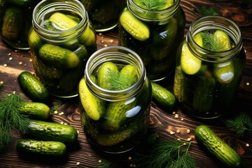Culinary Crafts: Pickled Cucumbers Displayed on a Wooden Surface
