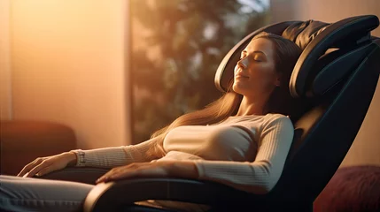 Fotobehang Massagesalon A woman relaxing on the massage chair in the living room. electric massage chair. Generative Ai