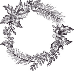 Fototapeta na wymiar Winter wreath with pine, holly, boxwood, mistletoe and fern branches. Engraving style. Botanical illustration. Black.