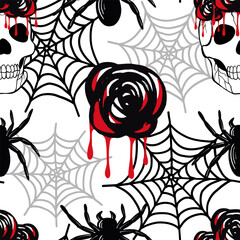 Seamless pattern with the Halloween scull with bloody roses on web background. Hand drawn sketch style.
Vector illustration. 