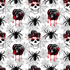 Seamless pattern with the Halloween scull with bloody roses on web background. Hand drawn sketch style. 