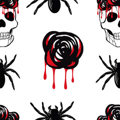 Seamless pattern with the Halloween scull with bloody roses on web background. Hand drawn sketch style.
Vector illustration. 