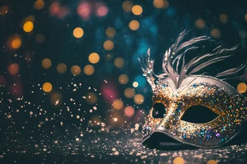 Foto op Plexiglas carnival mask for the holidays in brazil and latin america, black background defocused lights © rodrigo