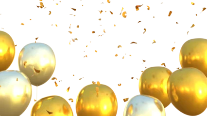 Fotobehang 3d render of golden balloons and confetti falling on transparent background, anniversary, birthday or wedding celebration © paper_owl