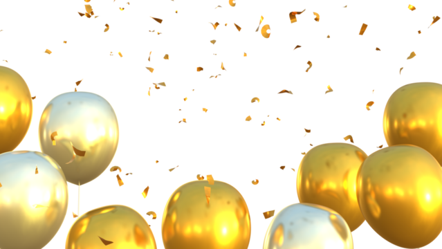 3d render of golden balloons and confetti falling on transparent background, anniversary, birthday or wedding celebration