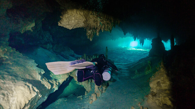 technical diving in a cenote in mexico.