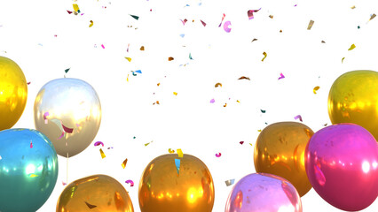 3d render of multicolored balloons and confetti falling on transparent background, anniversary, birthday or wedding celebration