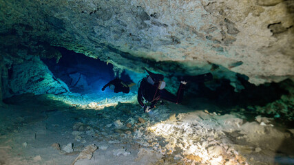 technical diving in a cenote in mexico.