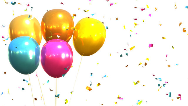 3d render of multicolored balloons and confetti falling on transparent background, anniversary, birthday or wedding celebration
