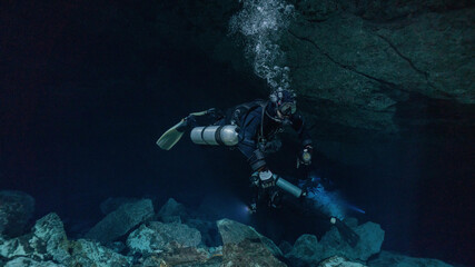 technical diving in a cenote in mexico.