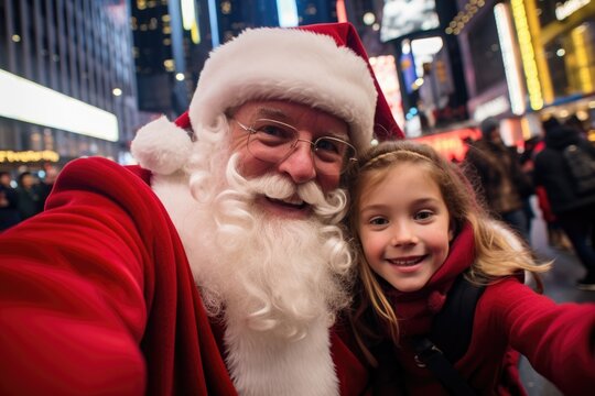 wide angle selfie picture taken with a pocket camera of a happy little girl and santa claus looking at the camera in New York City street