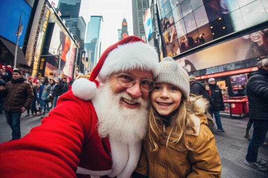 wide angle selfie picture taken with a pocket camera of a happy little girl and santa claus looking at the camera in New York City street