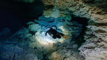 technical diving in a cenote in mexico.