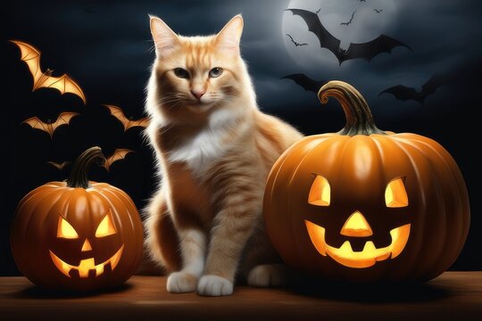 halloween pumpkin with black cat bats and pumpkin