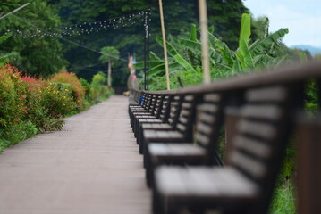 benches in the park beside River Khong   Thailand - Laos border  Chiang Khan