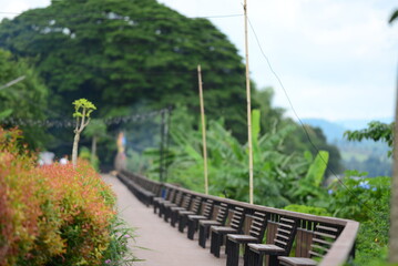 benches in the park beside River Khong   Thailand - Laos border  Chiang Khan