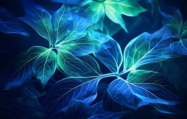 Creative fluorescent color layout made of leaves. Flat lay neon colors. Nature concept.