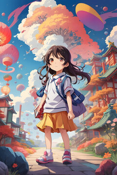 A Cute Children elementary school student, Japanese anime style colorful 2d. Generative AI