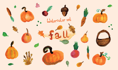 Vegetables for a Thanksgiving.Vector autumn seasonal watercolor illustration, 
watercolor style for banner, poster, postcard, invitation, sticker.