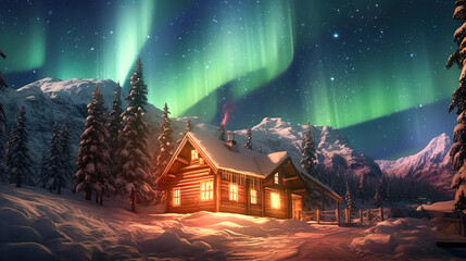 雪に覆われた村と夜空に舞うオーロラの風景
