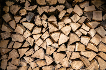 Photography on theme big wall of stacked oak tree logs in cracks