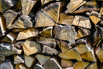 Photography on theme big wall of stacked oak tree logs in cracks