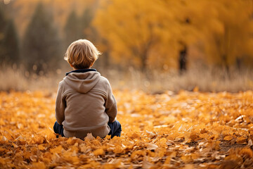 Back view of a young boy kid sitting in an autumn park