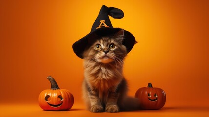 a photograph of cute Somali cat use witch hat for halloween celebration generative ai