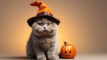 a photograph of cute Scottish Fold cat use witch hat for halloween celebration generative ai