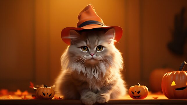 a photograph of cute ragdoll cat use witch hat for halloween celebration generative ai