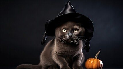 a photograph of cute Burmese cat use witch hat for halloween celebration generative ai