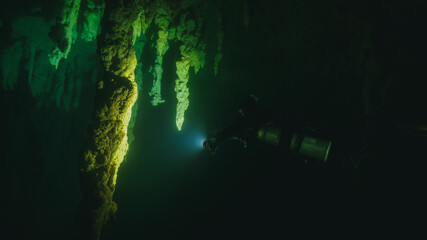 technical diving in a cenote in mexico.