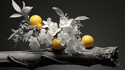 Summer fruit and flower setting with ripe fruits and white flowers, wild berries, lemons, with green leaves on a dark color background. Generative Ai

