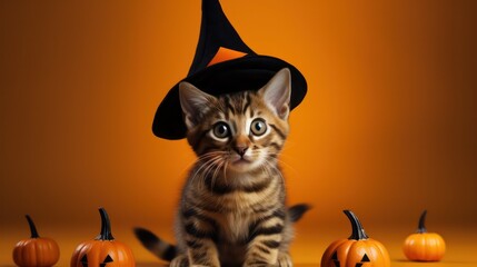 a photograph of cute Bengal cat use witch hat for halloween celebration generative ai