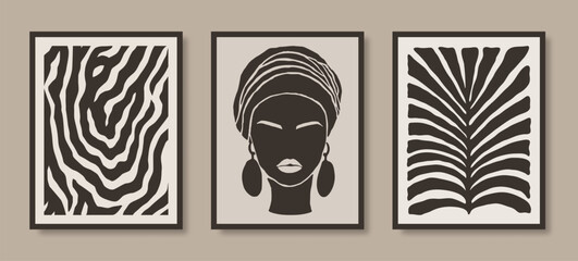 Abstract Vector Posters with African Woman, Palm Leaf and Zebra Stripes. Modern Art Print in Minimalist Style.