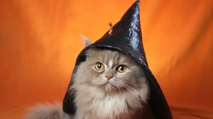 a photograph of a persian cat wearing a witch's hat generative ai