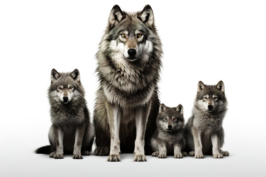 Image of family group of wolfs on white background. Wildlife Animals. Illustration, Generative AI.
