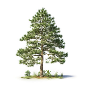 Image of white pine tree on white background. Nature. Illustration, Generative AI.