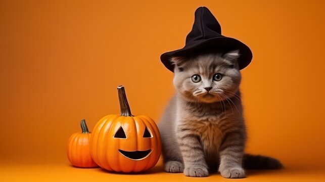 a photograph of cute British Shorthair cat use witch hat for halloween celebration generative ai