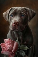 Fototapeta premium german shepherd in a photo photo session coffee with pink rose in front close-up blue eyes