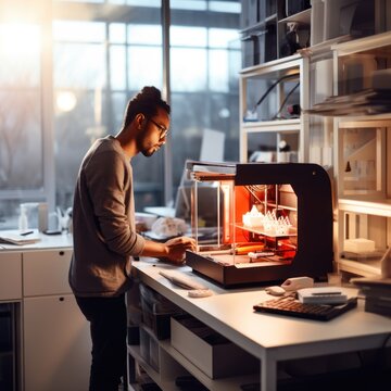 An engineer prints a prototype model on a 3d printer in a laboratory using equipment. Creativity, technology and 3d printing concept.