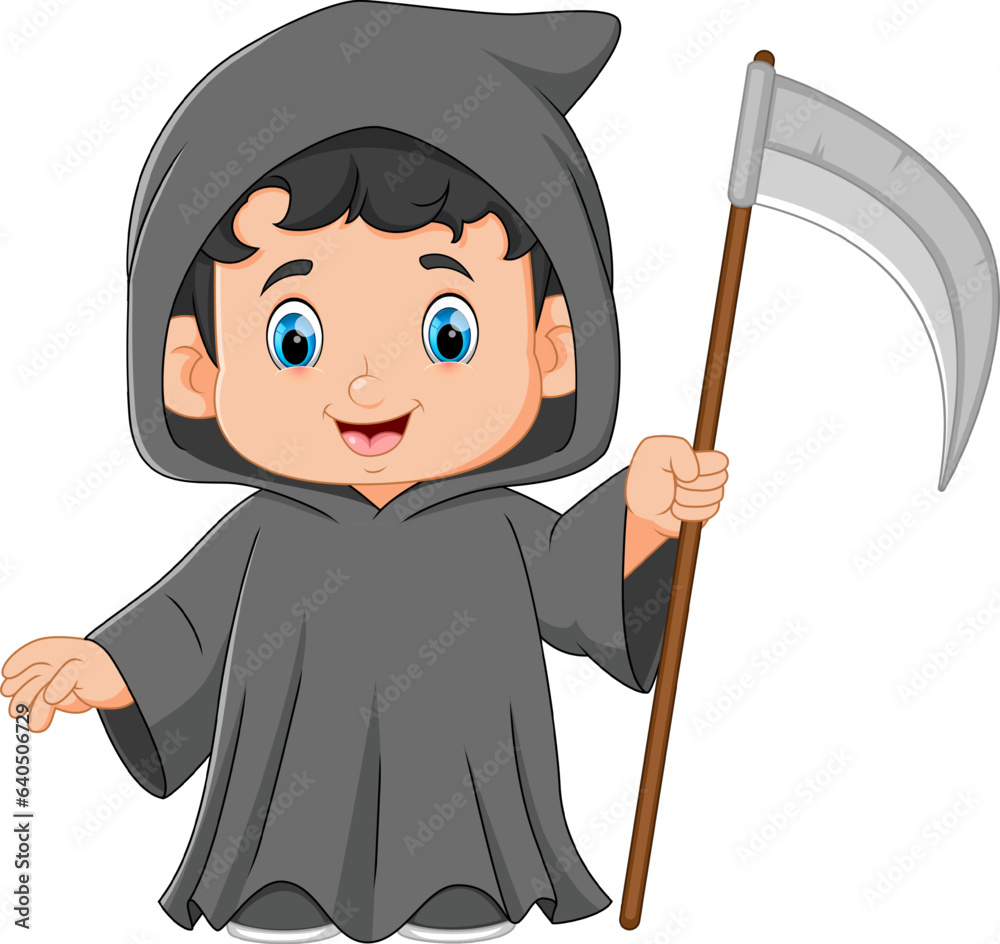 Poster cute little boy wearing grim reaper costume