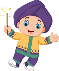 cute Indian boy holding firework character design for Diwali festival