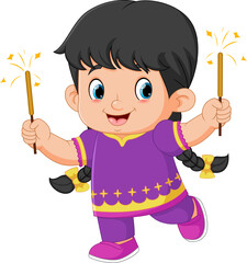 cute Indian girl holding firework character design for Diwali festival