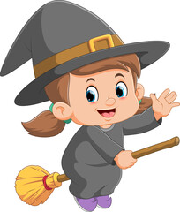 Cartoon young witch flying with a broom
