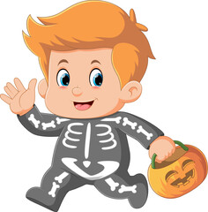 Cartoon boy wearing halloween skeleton costume holding pumpkin basket
